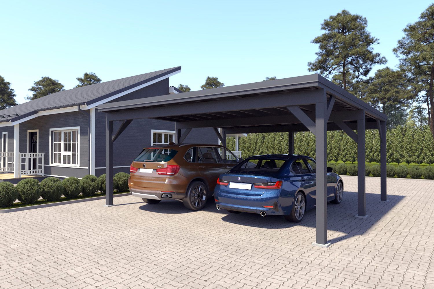 Dubbele carport "Stable" 6 x 6 m (LxB) / 250 kg/m² dak belasting / 36 m² / antracietgrijs met donkergrijs dak