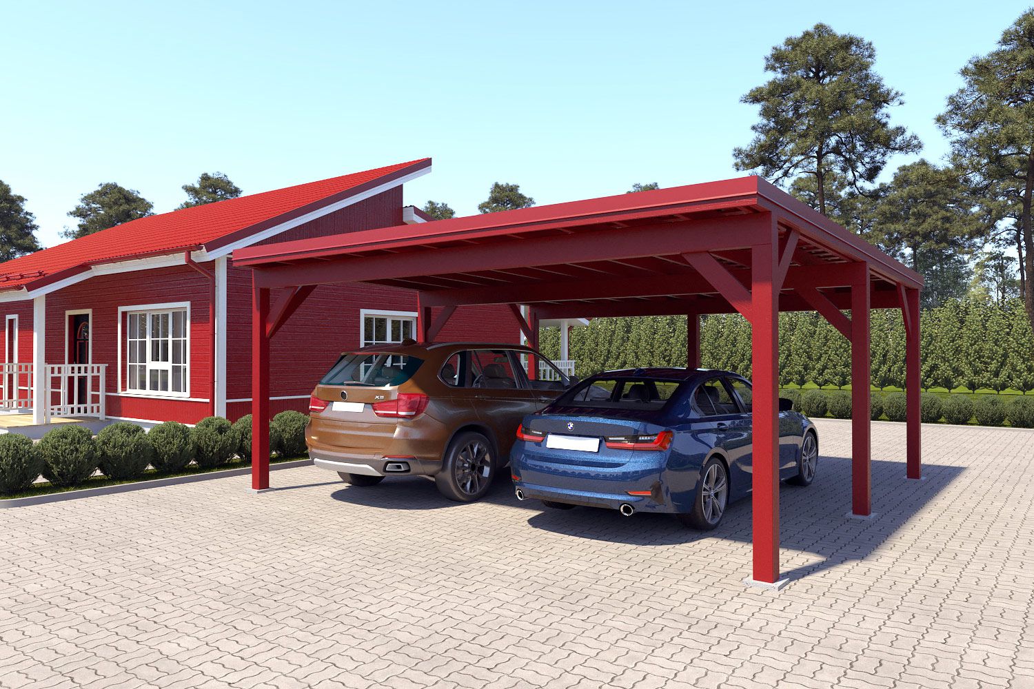 Dubbele carport "Stable" 6 x 6 m (LxB) / 250 kg/m² dak belasting / 36 m² / oxide rood met rood dak