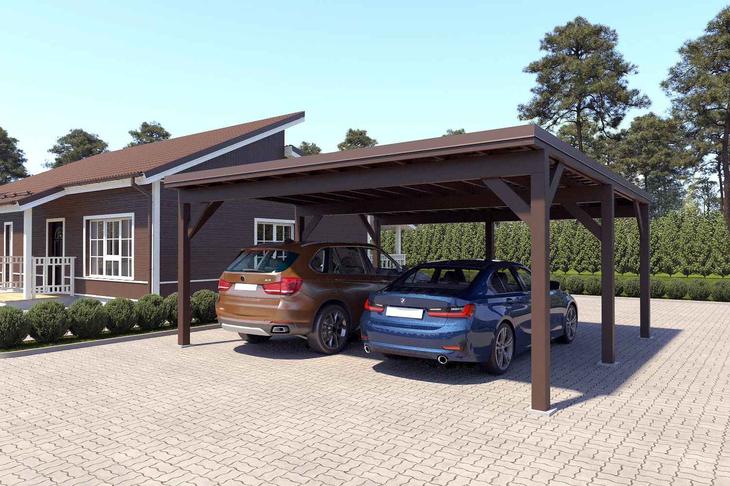 Dubbele carport "Stable" 6 x 6 m (LxB) / 250 kg/m² dak belasting / 36 m² / Grijsbruin met donkerbruin dak