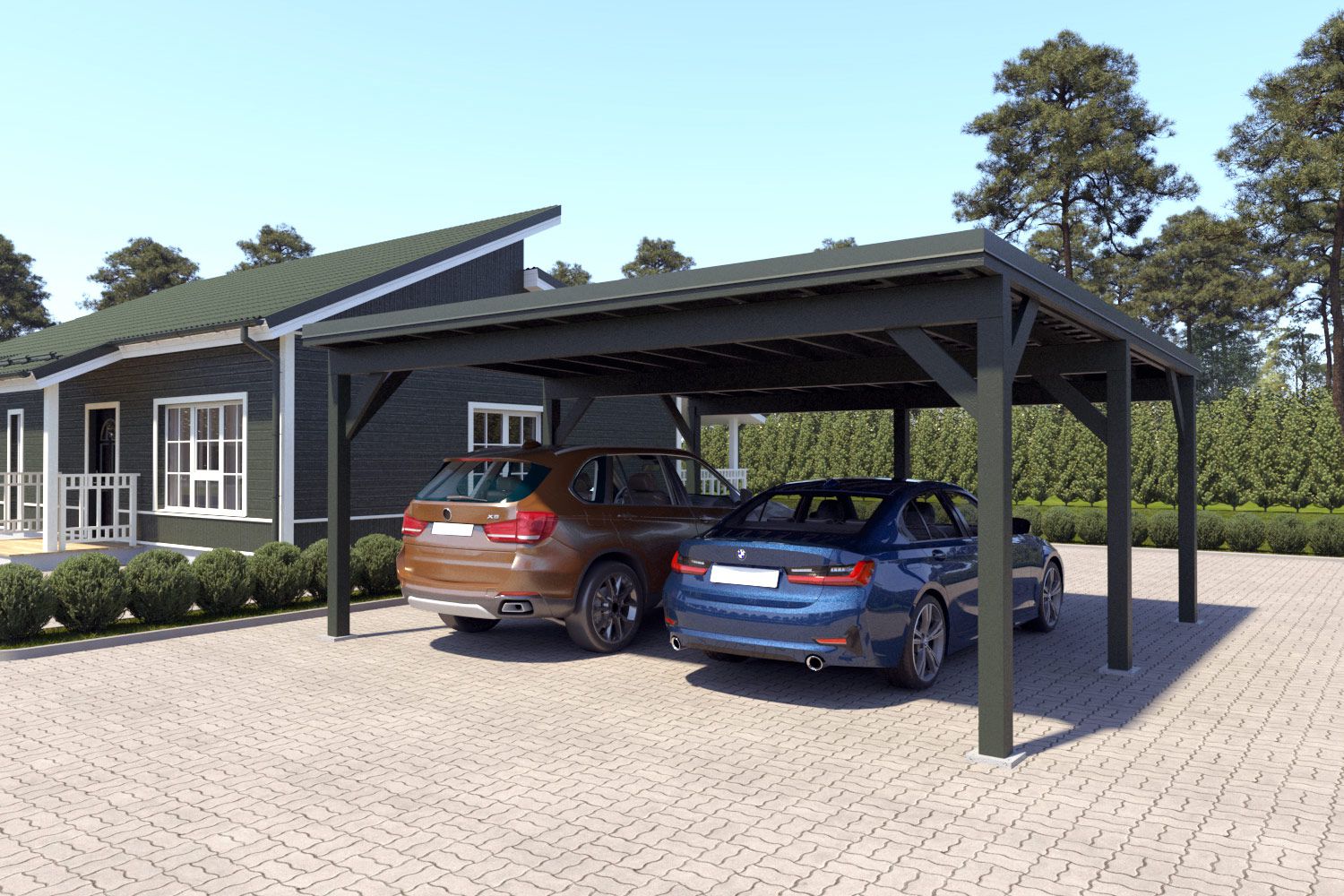 Dubbele carport "Stable" 6 x 6 m (LxB) / 250 kg/m² dak belasting / 36 m² / Chroomoxidegroen met doorngroen dak