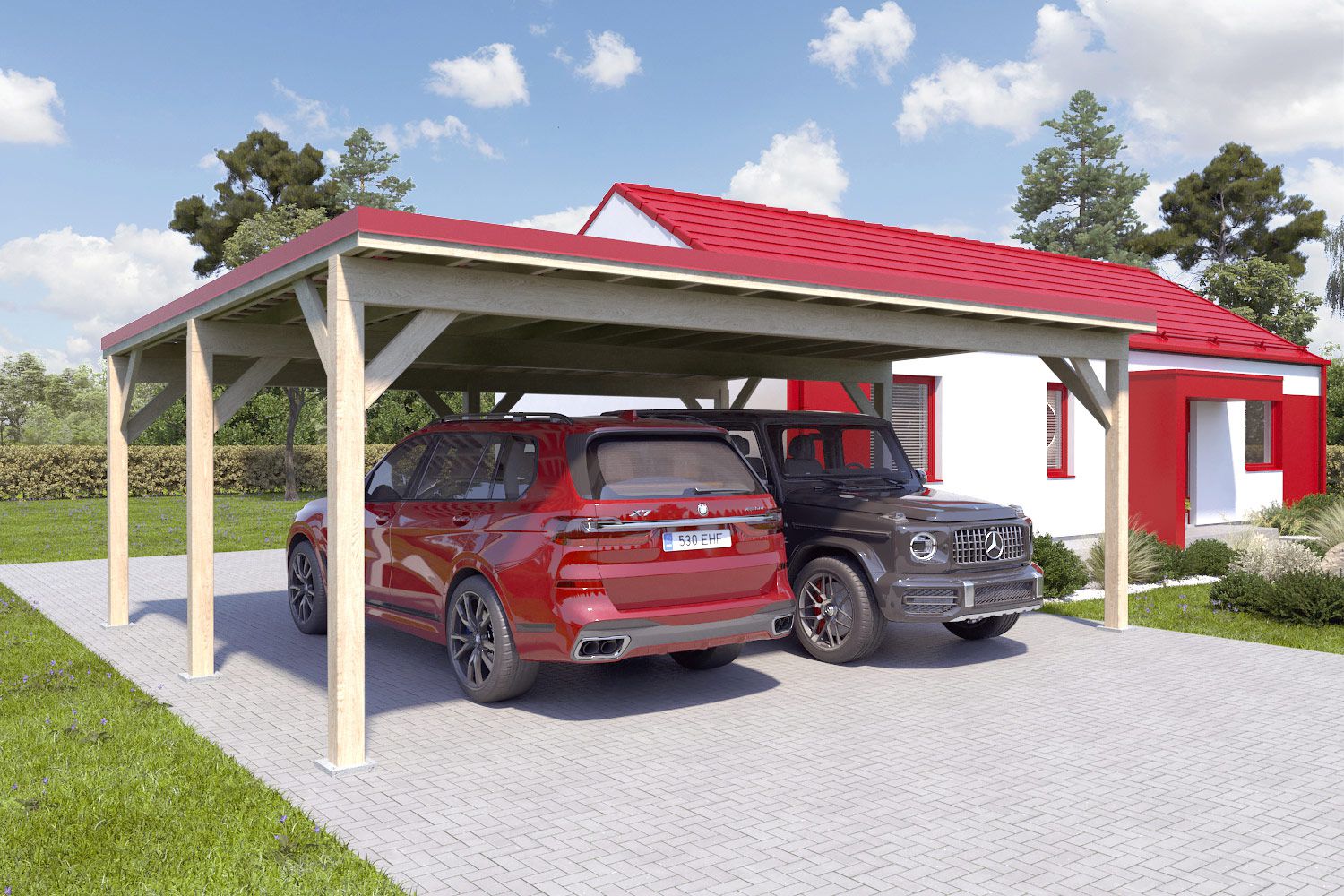 Dubbele carport "Stable" 6 x 7 m (LxB) / 250 kg/m² dak belasting / 42 m² / onbehandeld met rood dak