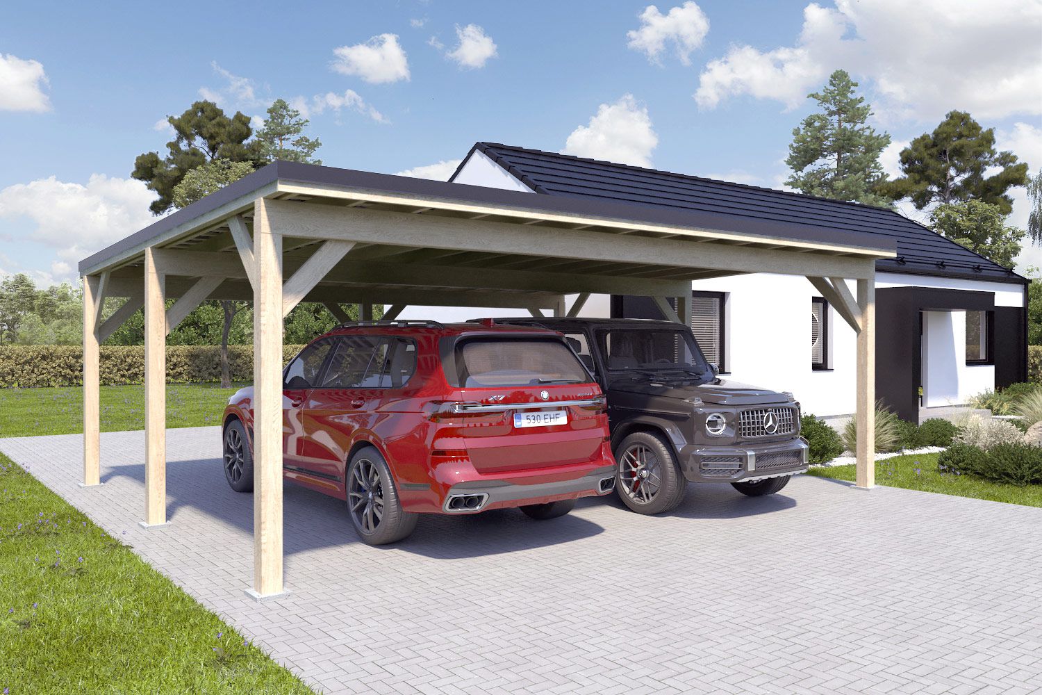 Dubbele carport "Stable" 6 x 7 m (LxB) / 250 kg/m² dak belasting / 42 m² / onbehandeld met zwart dak
