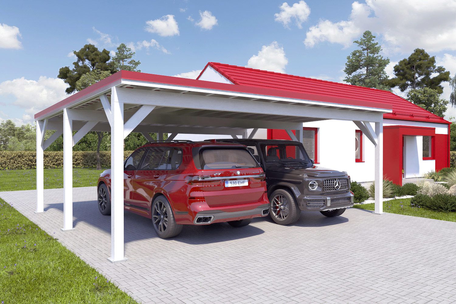 Dubbele carport "Stable" 6 x 7 m (LxB) / 250 kg/m² dak belasting / 42 m² / sneeuwwit met rood dak