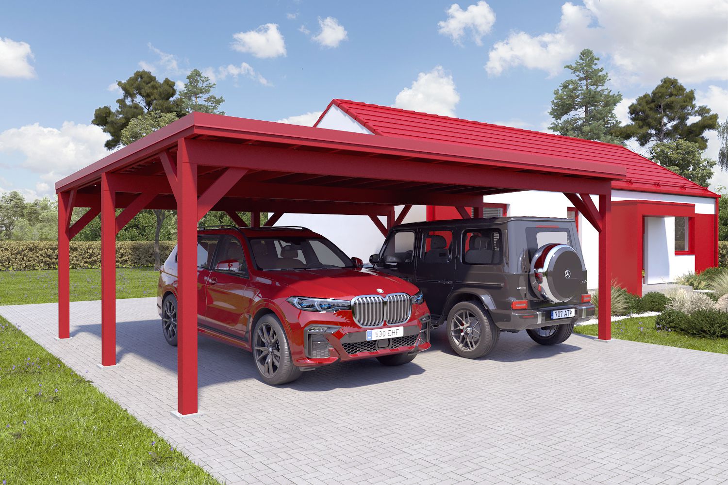 Dubbele carport "Stable" 6 x 7 m (LxB) / 250 kg/m² dak belasting / 42 m² / oxide rood met rood dak