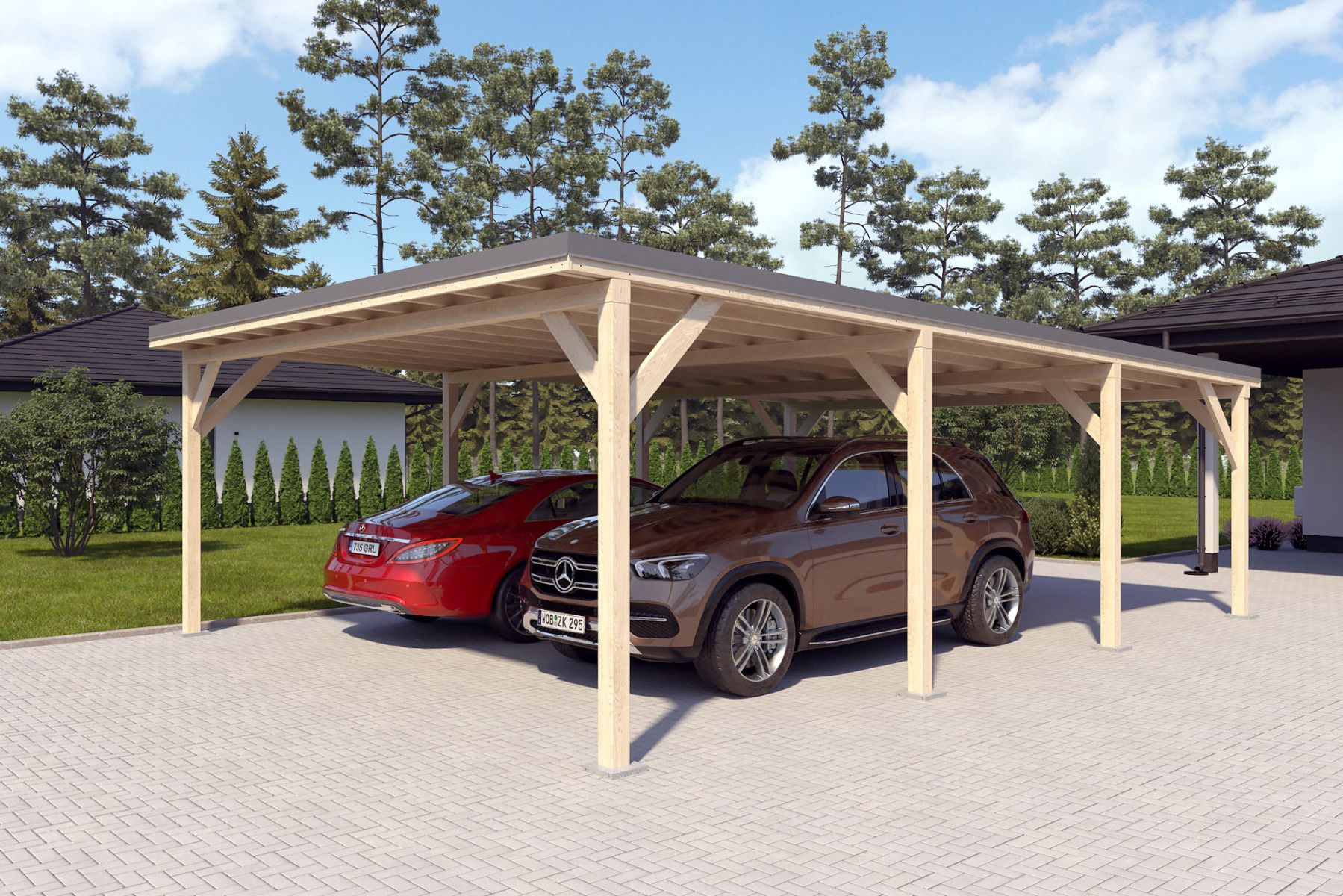 Dubbele carport "Stable" 8,7 x 6 m (LxB) / 250 kg/m² dak belasting / 52 m² / onbehandeld met donkergrijs dak