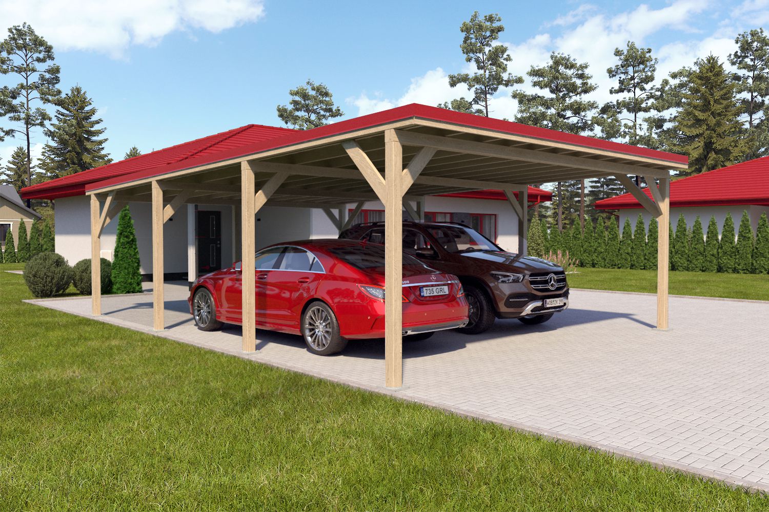 Dubbele carport "Stable" 8,7 x 6 m (LxB) / 250 kg/m² dak belasting / 52 m² / onbehandeld met rood dak