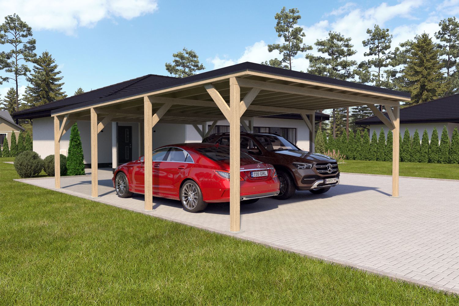 Dubbele carport "Stable" 8,7 x 6 m (LxB) / 250 kg/m² dak belasting / 52 m² / onbehandeld met zwart dak