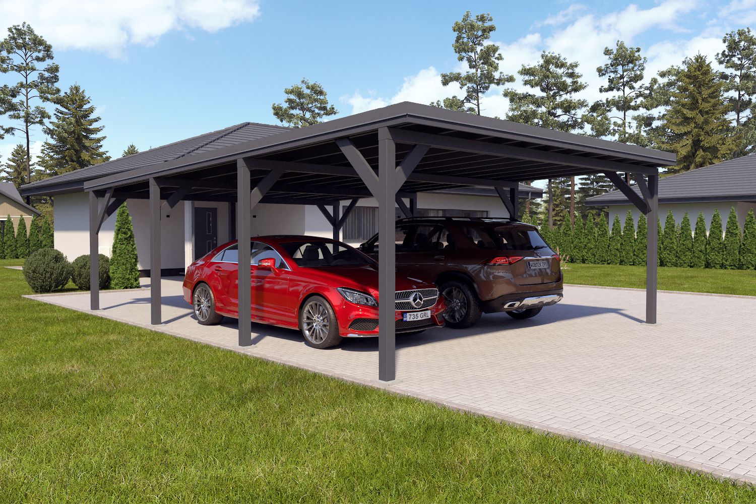 Dubbele carport "Stable" 8,7 x 6 m (LxB) / 250 kg/m² dak belasting / 52 m² / Antracietgrijs met donkergrijs dak