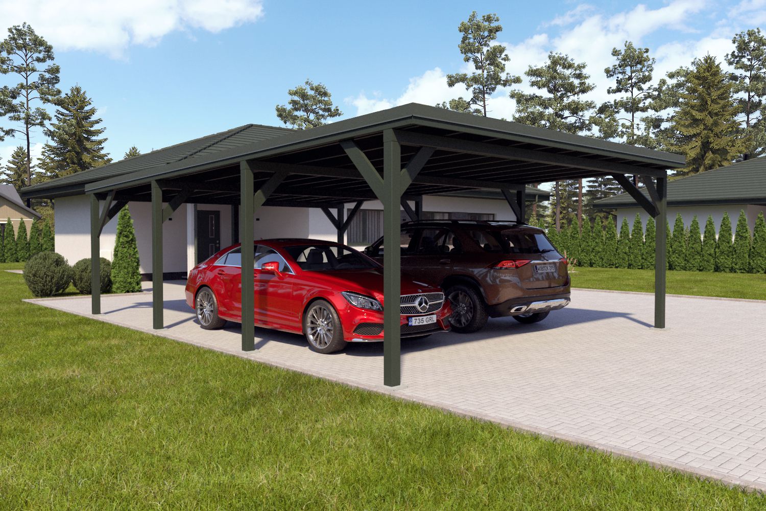 Dubbele carport "Stable" 8,7 x 6 m (LxB) / 250 kg/m² dak belasting / 52 m² / Chroomoxidegroen met Chroomoxidegroen dak