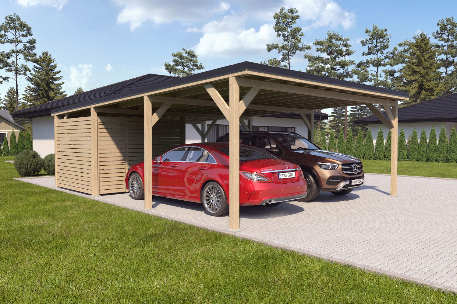 Dubbele carport "Stable" 8,7 x 6 m (LxB) / 250 kg/m² dak belasting / 52 m² / naturel met zwart dak incl. kleine berging