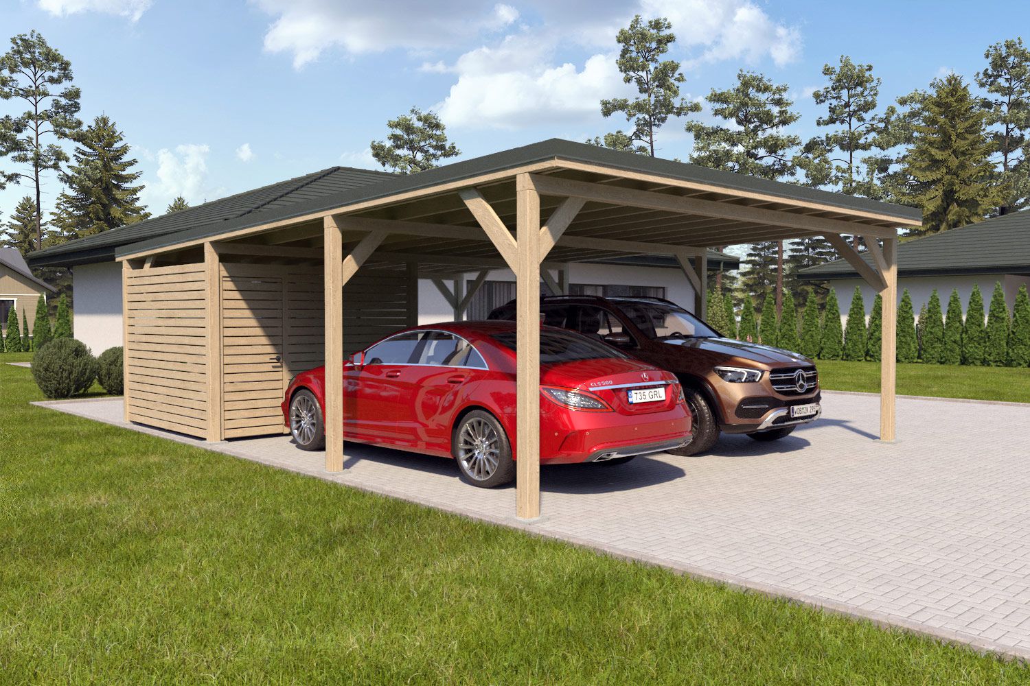Dubbele carport "Stable" 8,7 x 6 m (LxB) / 250 kg/m² dak belasting / 52 m² / Geïmpregneerd met doorngroen dak incl. kleine berging