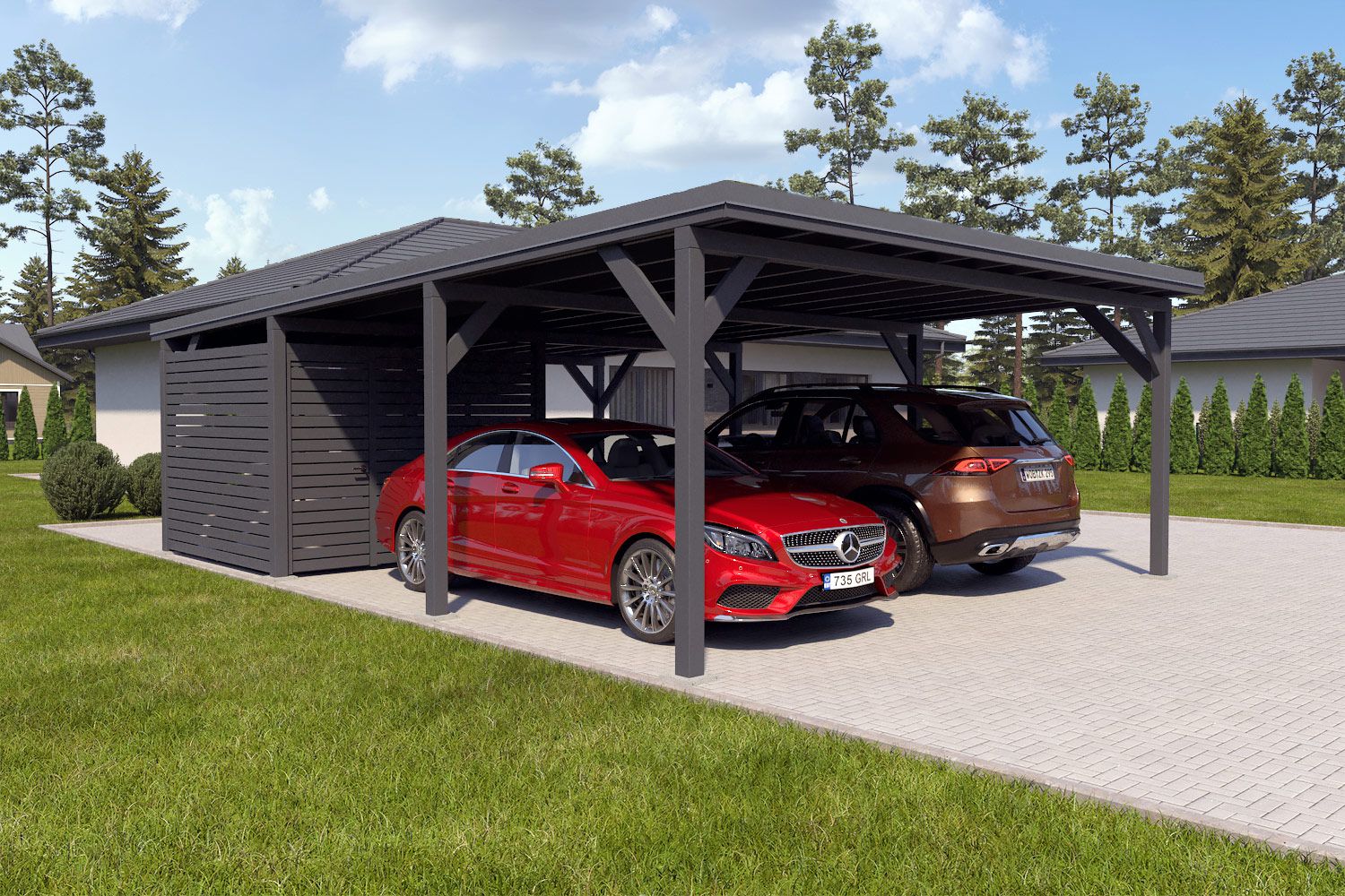Dubbele carport "Stable" 8,7 x 6 m (LxB) / 250 kg/m² dak belasting / 52 m² / Antracietgrijs met donkergrijs dak incl. kleine berging