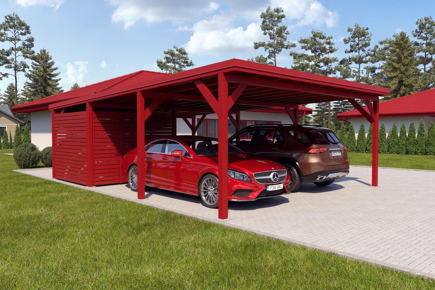 Dubbele carport "Stable" 8,7 x 6 m (LxB) / 250 kg/m² dak belasting / 52 m² / oxide rood met rood dak incl. kleine berging