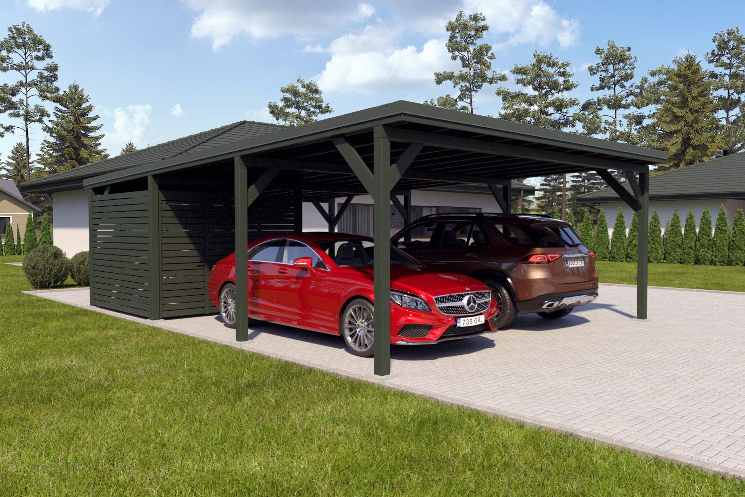 Dubbele carport "Stable" 8,7 x 6 m (LxB) / 250 kg/m² dak belasting / 52 m² / Chroomoxidegroen met doorngroen dak incl. kleine berging