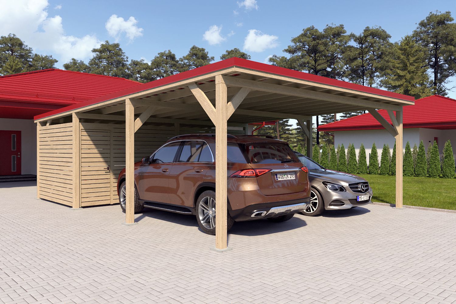 Dubbele carport "Stable" 8,7 x 6 m (LxB) / 250 kg/m² dak belasting / 52 m² / onbehandel met rood dak incl. berging