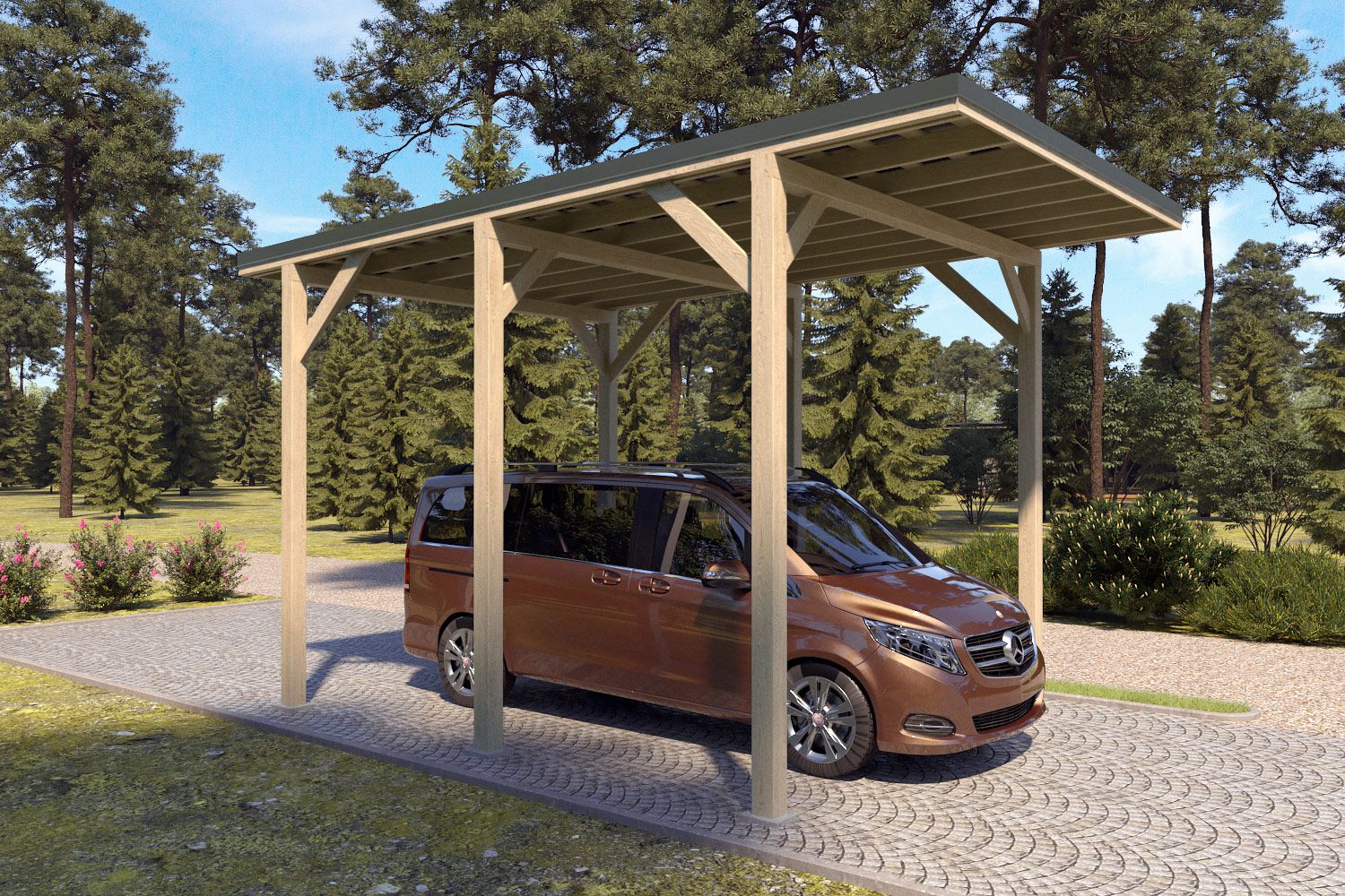 Camping carport "Stable" 6 x 4 m (LxB) / 250 kg/m² dak belasting / 24 m² / onbehandeld met doorngroen dak