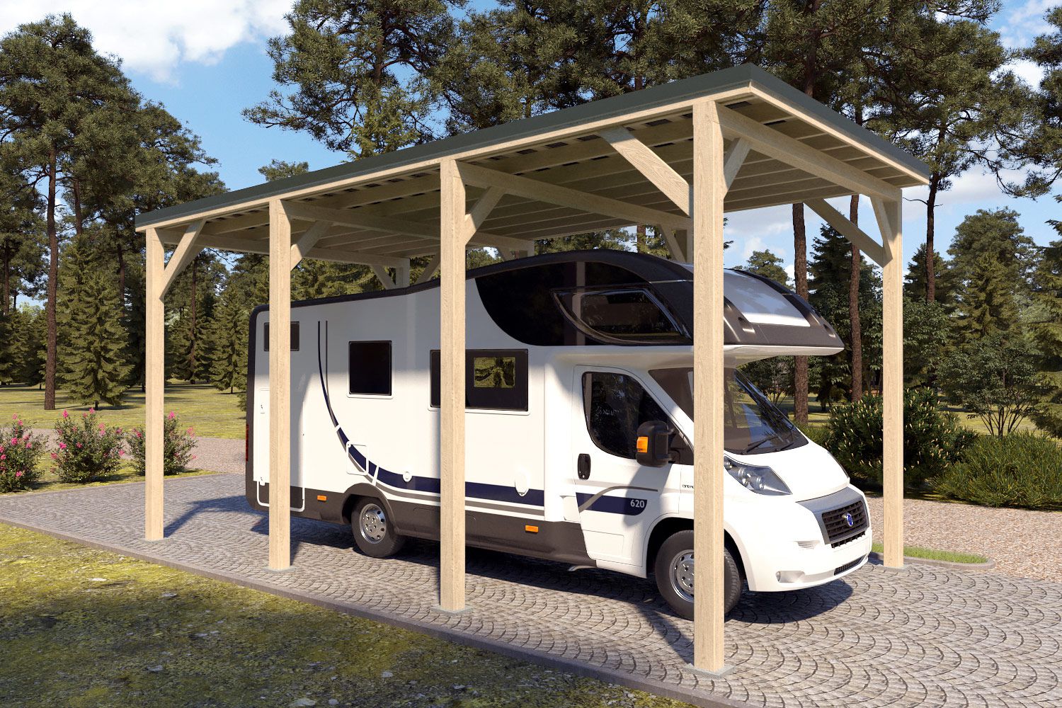 Camping carport "Stable" 7 x 4 m (LxB) / 250 kg/m² dak belasting / 28 m² / Geïmpregneerd met doorngroen dak