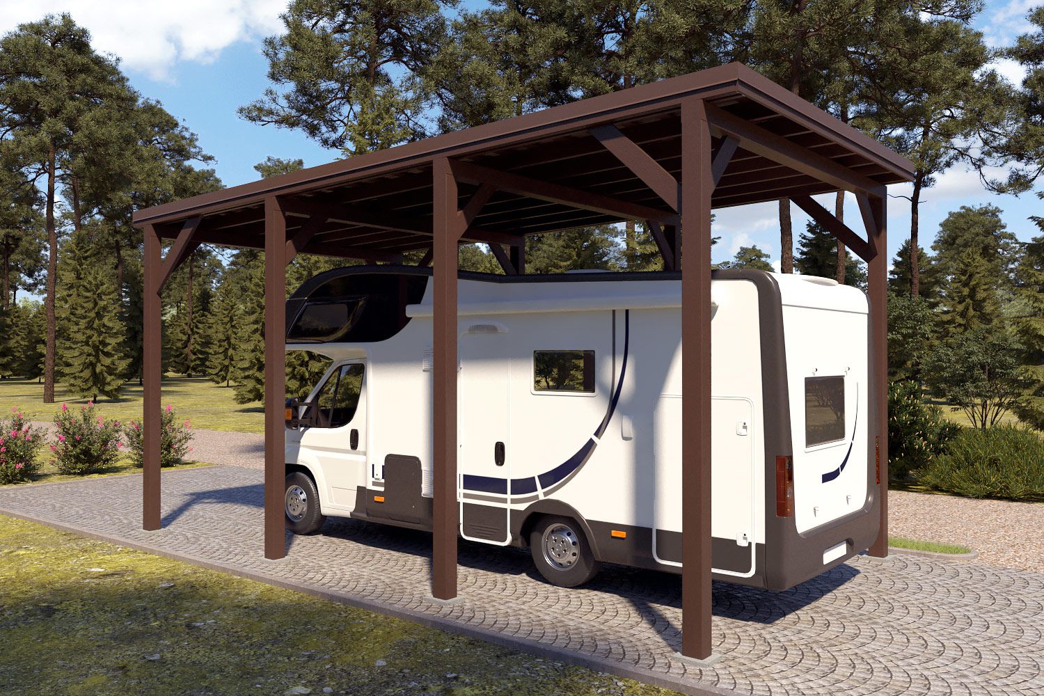 Camping carport "Stable" 7 x 4 m (LxB) / 250 kg/m² dak belasting / 28 m² / Grijsbruin met donkerbruin dak