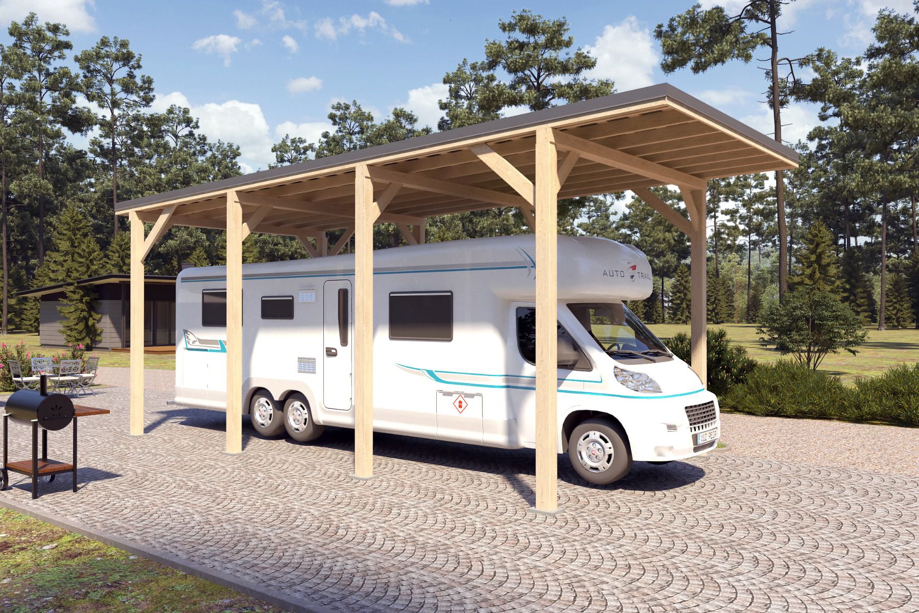 Camper / caravan carport "Stable" 8 x 4 m (LxB) / 250 kg/m² dak belasting / 32 m² / onbehandeld met grijs dak