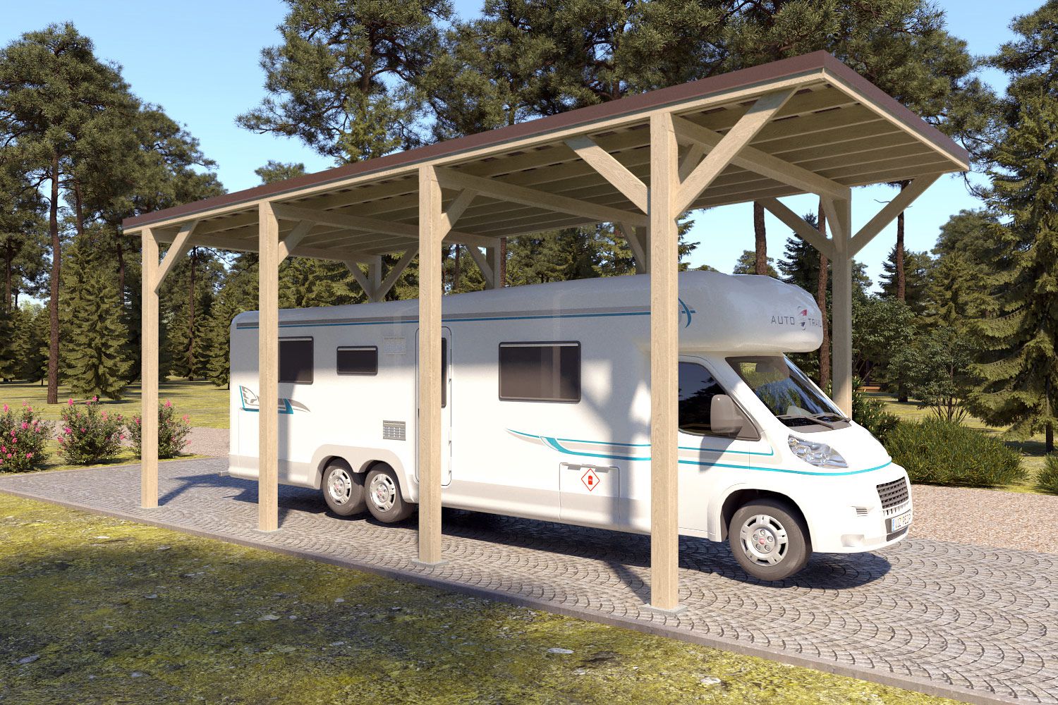 Camper / caravan carport "Stable" 8 x 4 m (LxB) / 250 kg/m² dak belasting / 32 m² / onbehandeld met donkerbruin dak