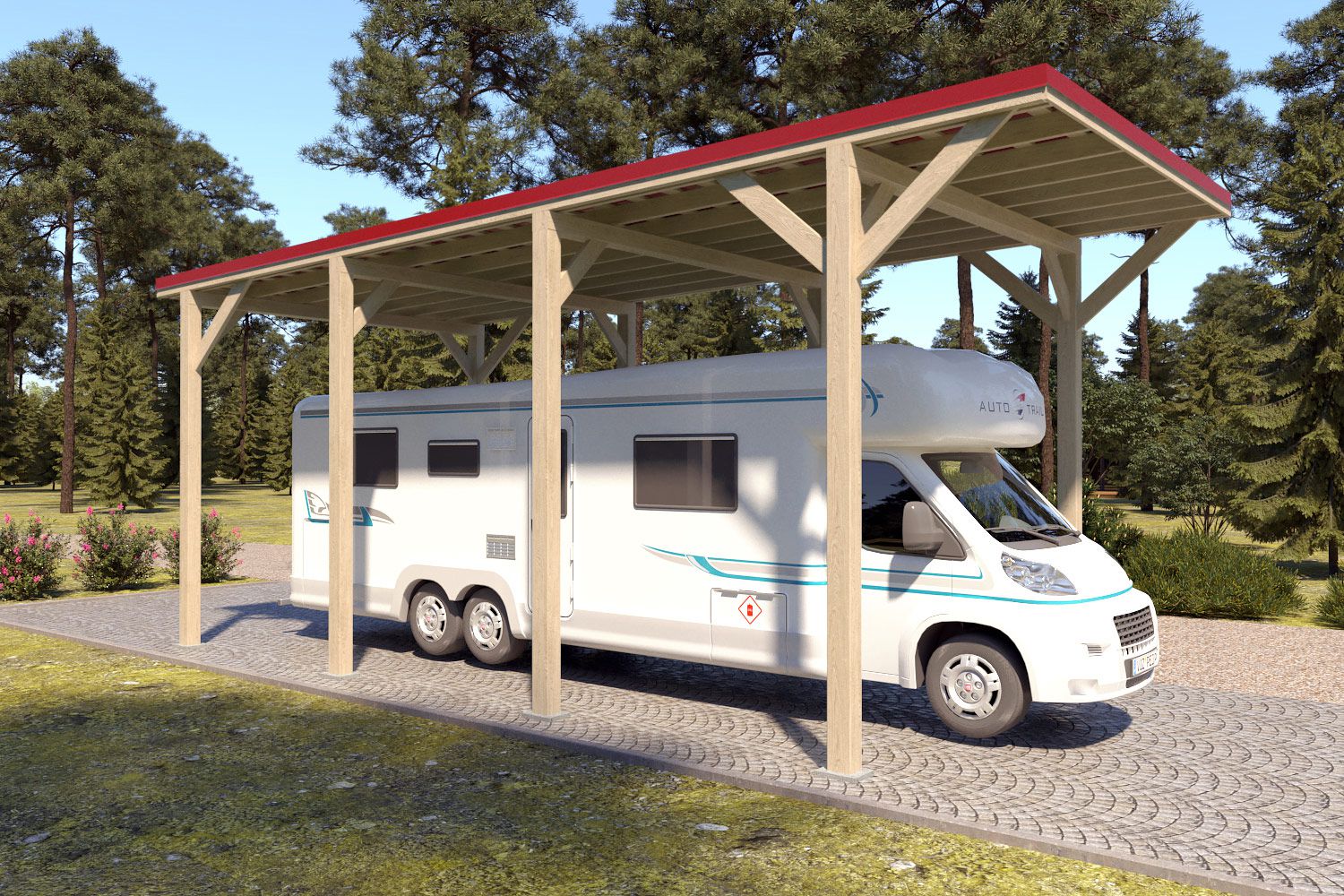 Camper / caravan carport "Stable" 8 x 4 m (LxB) / 250 kg/m² dak belasting / 32 m² / Geïmpregneerd met rood dak
