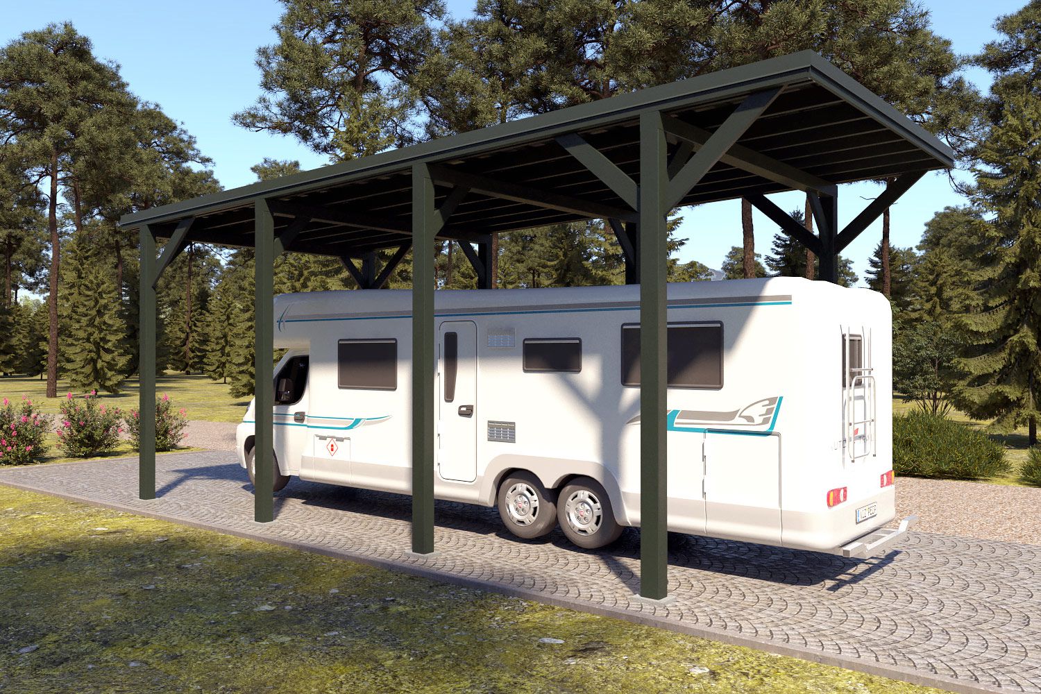 Camper / caravan carport "Stable" 8 x 4 m (LxB) / 250 kg/m² dak belasting / 32 m² / Chroomoxidegroen met doorngroen dak