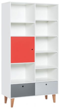 Jeugdkamer / tienerkamer - open kast Syrina 15, kleur: wit / grijs / rood - Afmetingen: 202 x 105 x 45 cm (h x b x d)