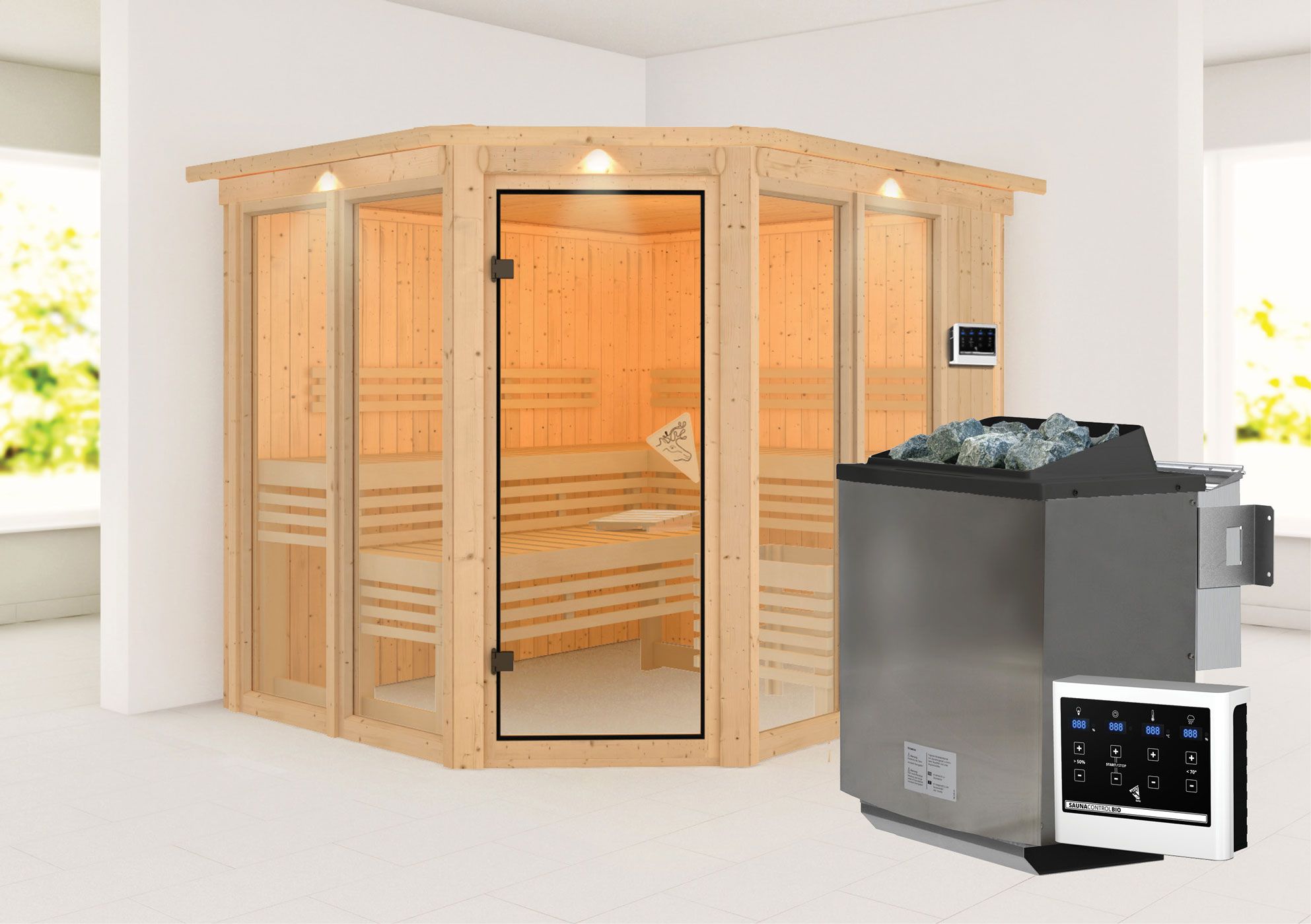 Sauna "Alvara" SET met bronskleurige deur en rand - kleur: naturel, kachel BIO 9 kW met - 245 x 210 x 202 cm (B x D x H)