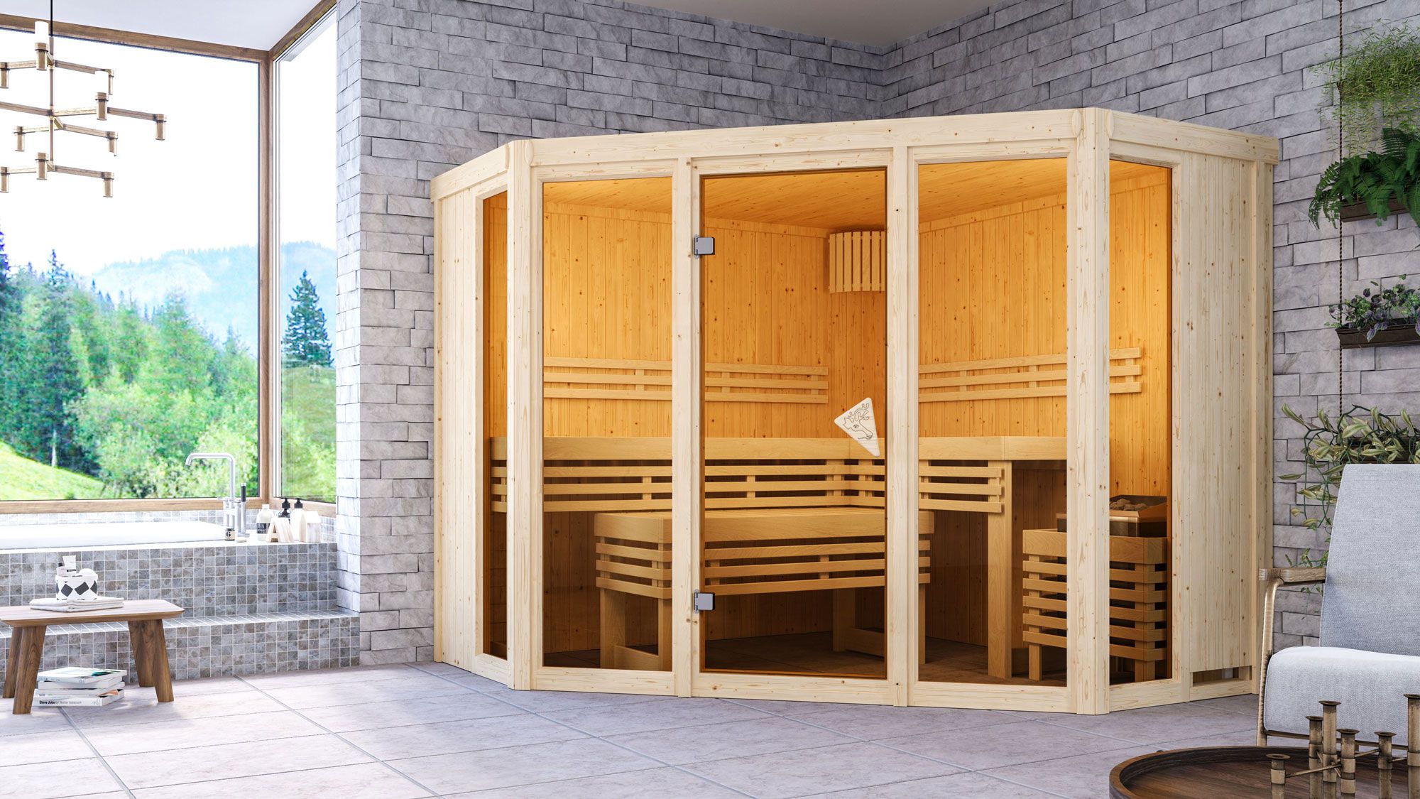 Sauna "Dilja" SET met bronskleurige deur - kleur: natuur, kachel 9 kW - 231 x 231 x 198 cm (B x D x H)