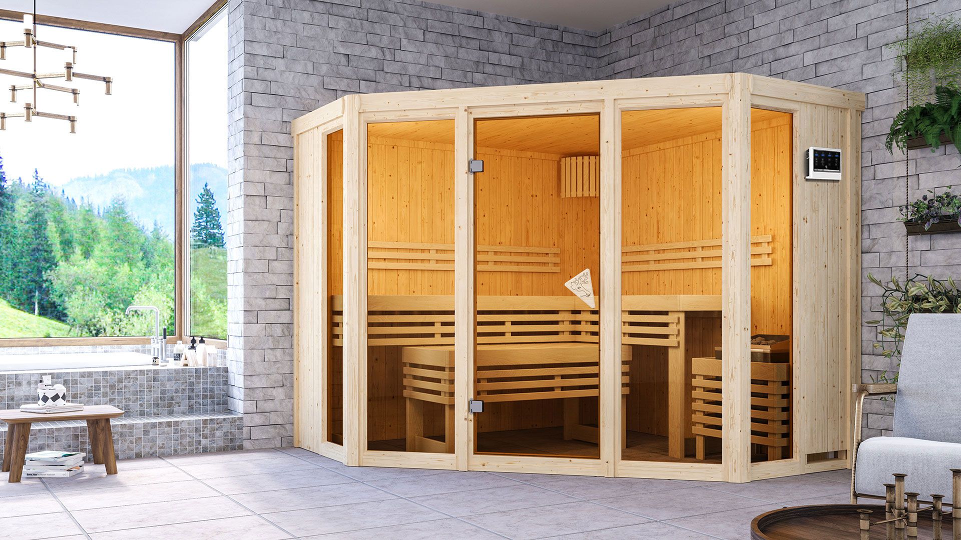 Sauna "Dilja" SET met bronskleurige deur - kleur: natuur, oven BIO 9 kW - 231 x 231 x 198 cm (B x D x H)