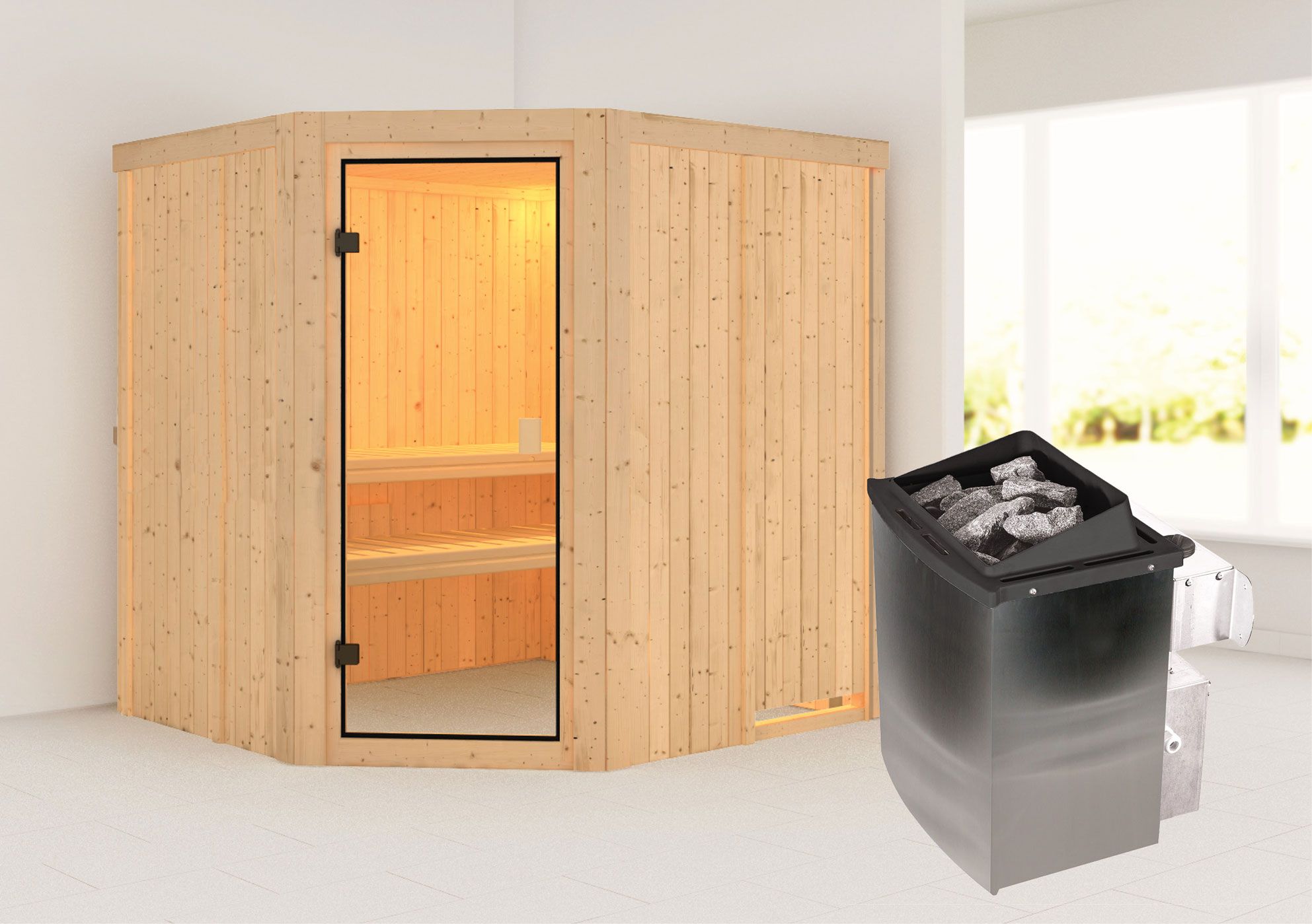 Sauna "Manadis" SET met bronskleurige deur - kleur: natuur, kachel 9 kW - 196 x 178 x 198 cm (B x D x H)