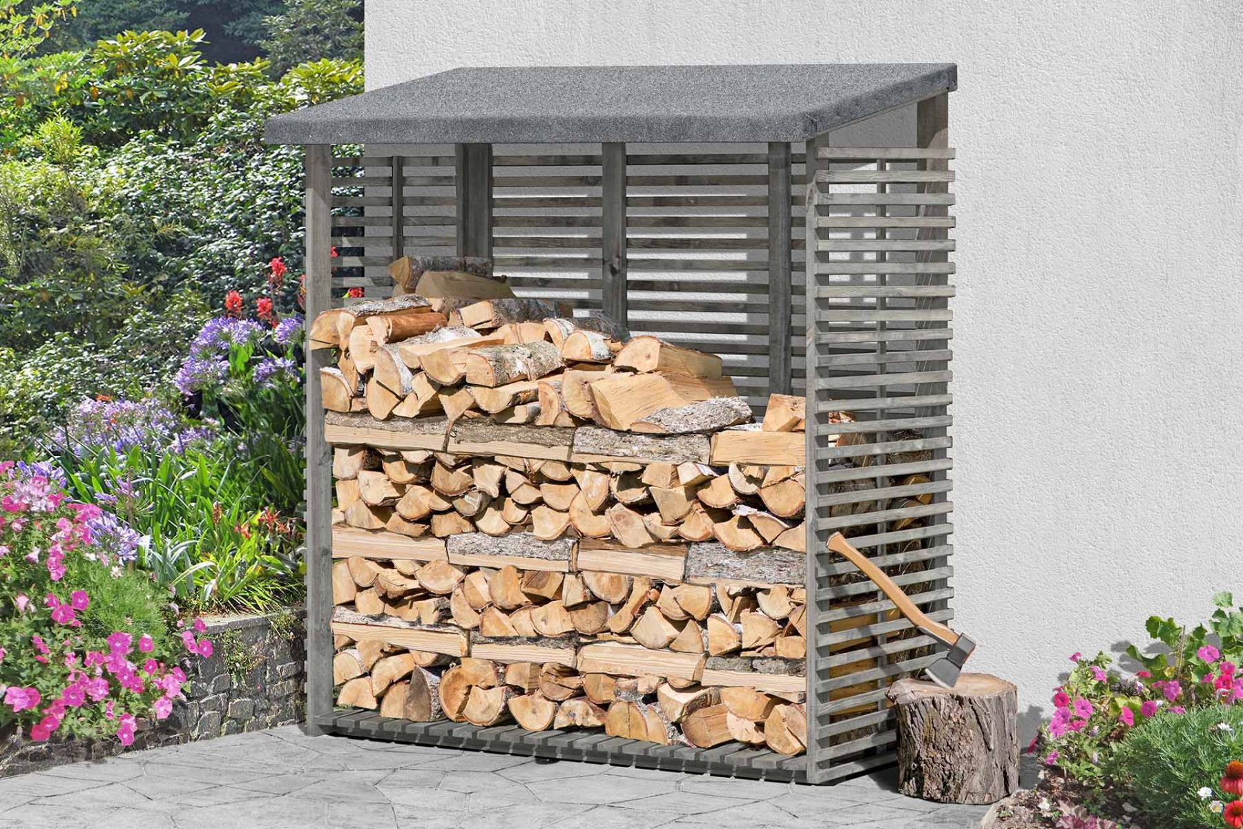 Brandhout overkapping 03 met achterwand, kleur: grijs - gemaakt van grenen, FSC® - afmetingen: 188 x 69 x 183 cm (L x B x H)
