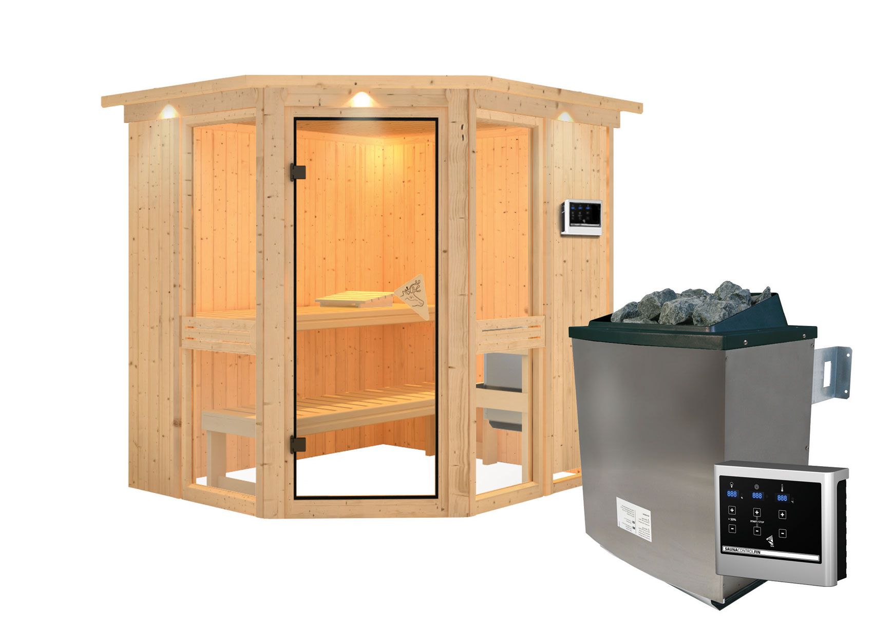 Sauna "Tjelvar 1" SET met kroon en kachel externe regeling eenvoudig 9 kW - 210 x 184 x 202 cm (B x D x H)