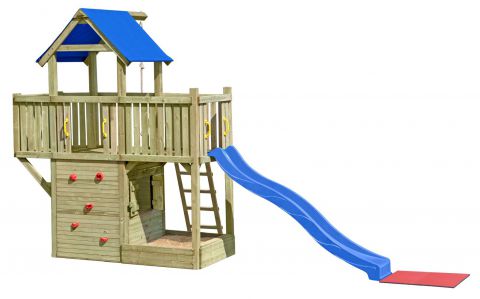 Speeltoren K41 incl. balkon, aanbouwelement, zandbak, opbergruimte en golfglijbaan - Afmetingen: 620 x 185 cm (L x B)