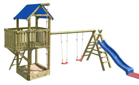 Speeltoren K27 incl. balkon, zandbak, golfglijbaan en dubbele schommel - Afmetingen: 550 x 515 cm (L x B)