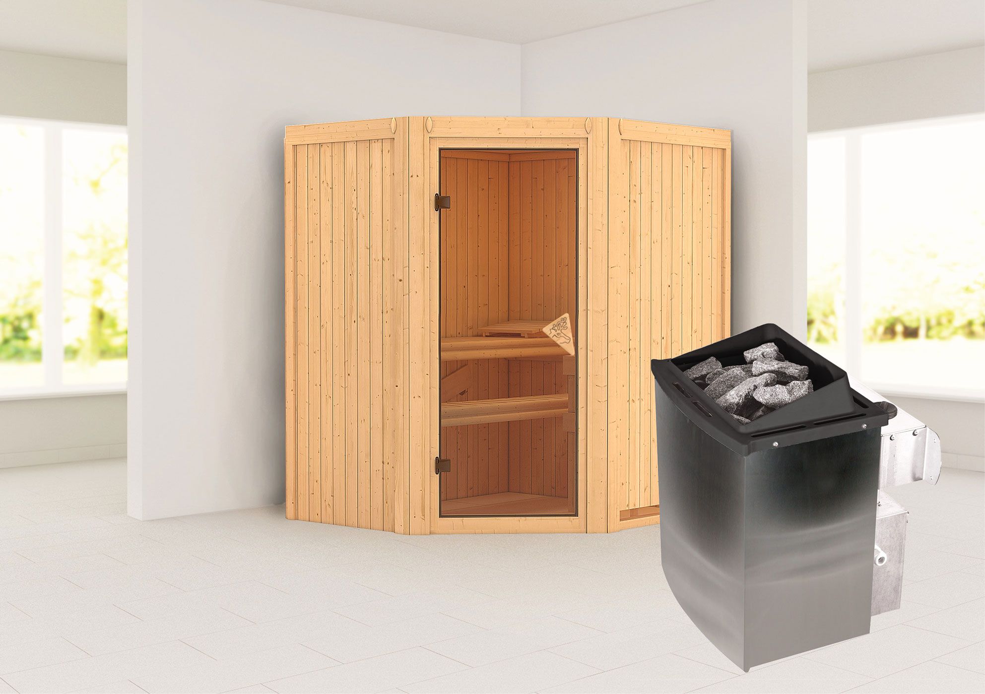 Sauna "Leevi" SET met bronskleurige deur - kleur: natuur, kachel 9 kW - 170 x 151 x 198 cm (B x D x H)