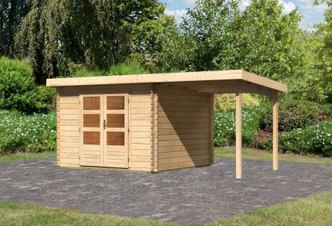 Berging / tuinhuis SET ACTION met lessenaarsdak incl. aanbouw dak, kleur: onbehandeld, grondoppervlakte: 7.84 m²