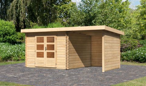 Berging / tuinhuis SET ACTION met lessenaarsdak incl. aanbouw dak, achterwand & zijwand, kleur: onbehandeld, grondoppervlakte: 7.84 m²
