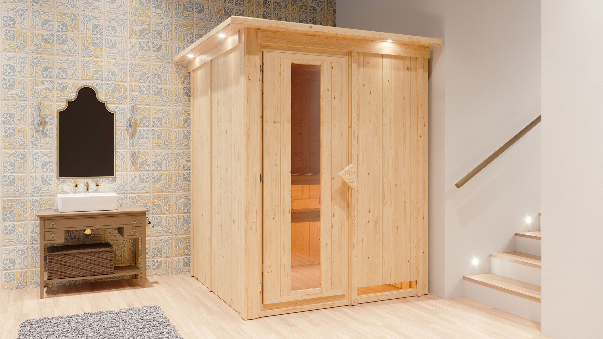 Niilo" sauna met energiebesparende deur en rand & 3 LED spots Kleur: Naturel - 165 x 165 x 202 cm (B x D x H)