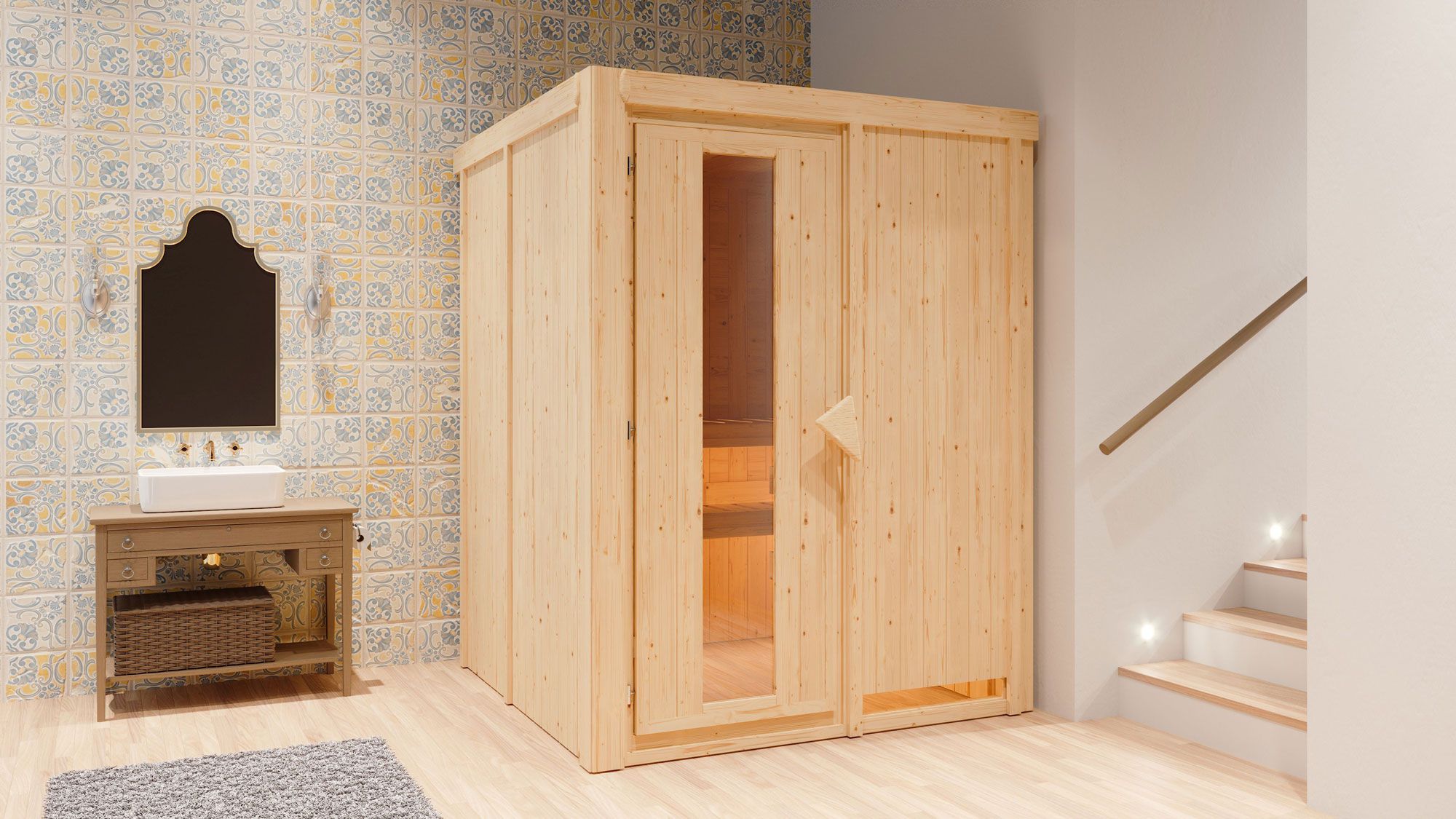 Sauna "Niilo" SET met energiebesparende deur - kleur: natuur, kachel BIO 9 kW - 151 x 151 x 198 cm (B x D x H)