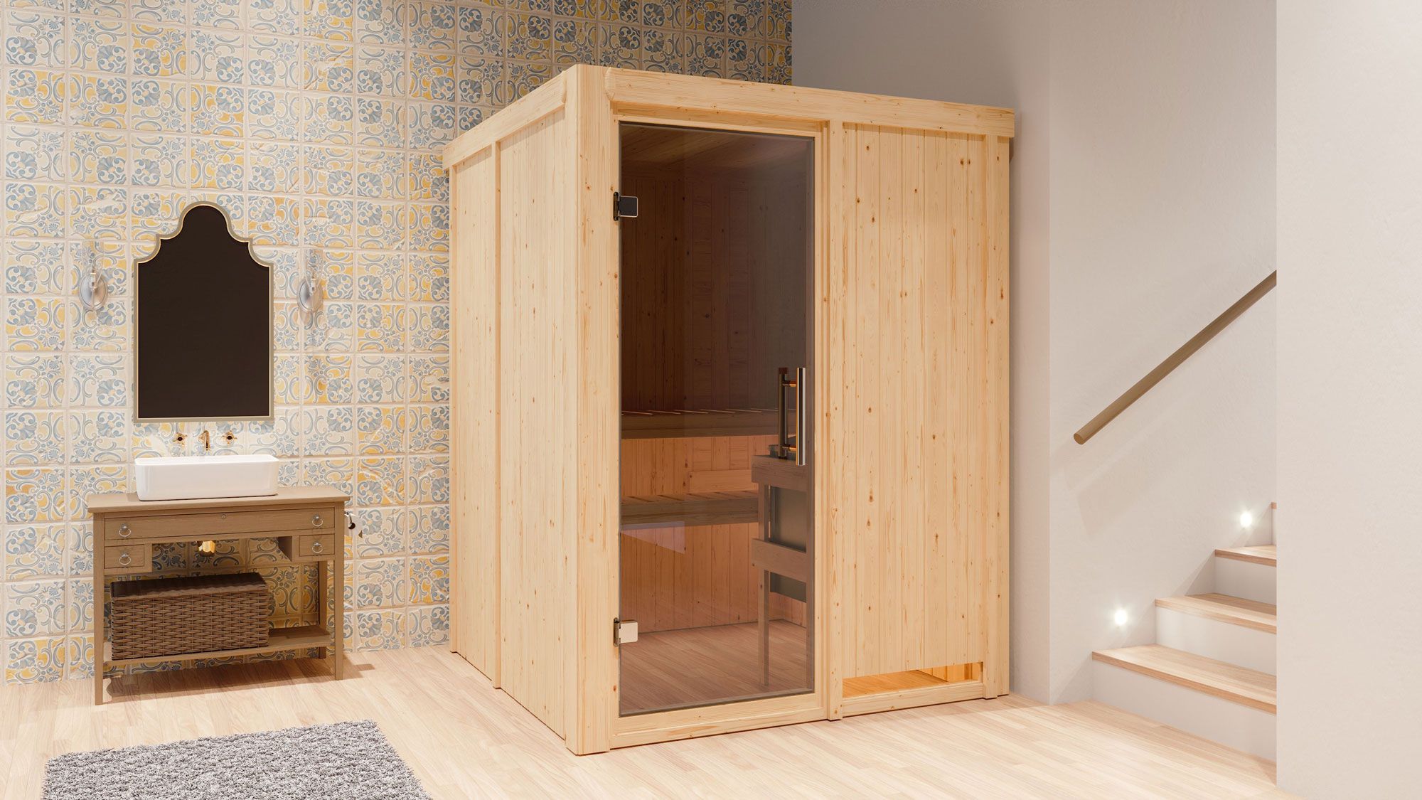 Sauna "Niilo" SET met grafietkleurige deur - kleur: naturel, kachel externe regeling eenvoudig 9 kW - 151 x 151 x 198 cm (B x D x H)