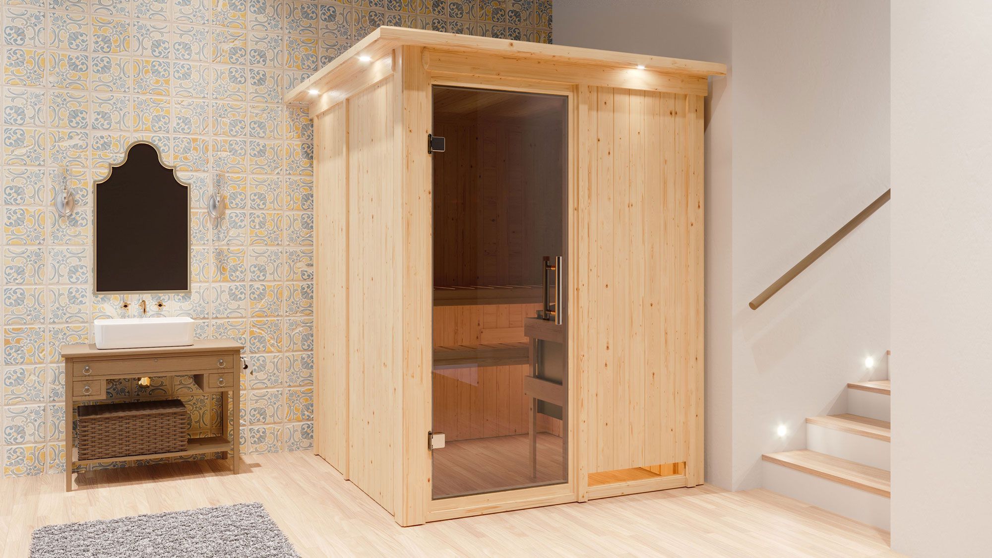 Sauna "Niilo" SET met grafietkleurige deur en rand - kleur: naturel, kachel externe regeling eenvoudig 9 kW - 165 x 165 x 202 cm (B x D x H)