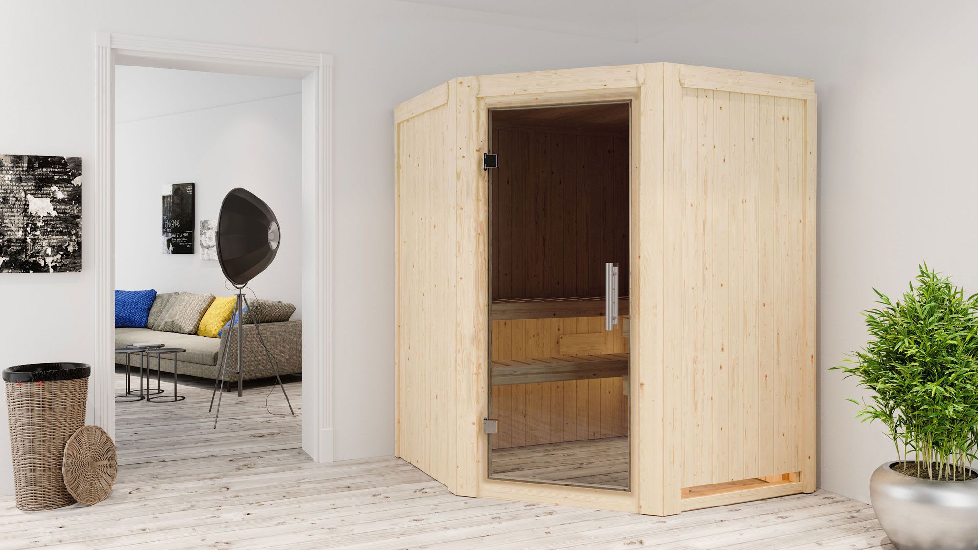 Sauna "Eetu" SET met grafietkleurige deur - kleur: naturel, kachel externe regeling eenvoudig 9 kW - 151 x 151 x 198 cm (B x D x H)