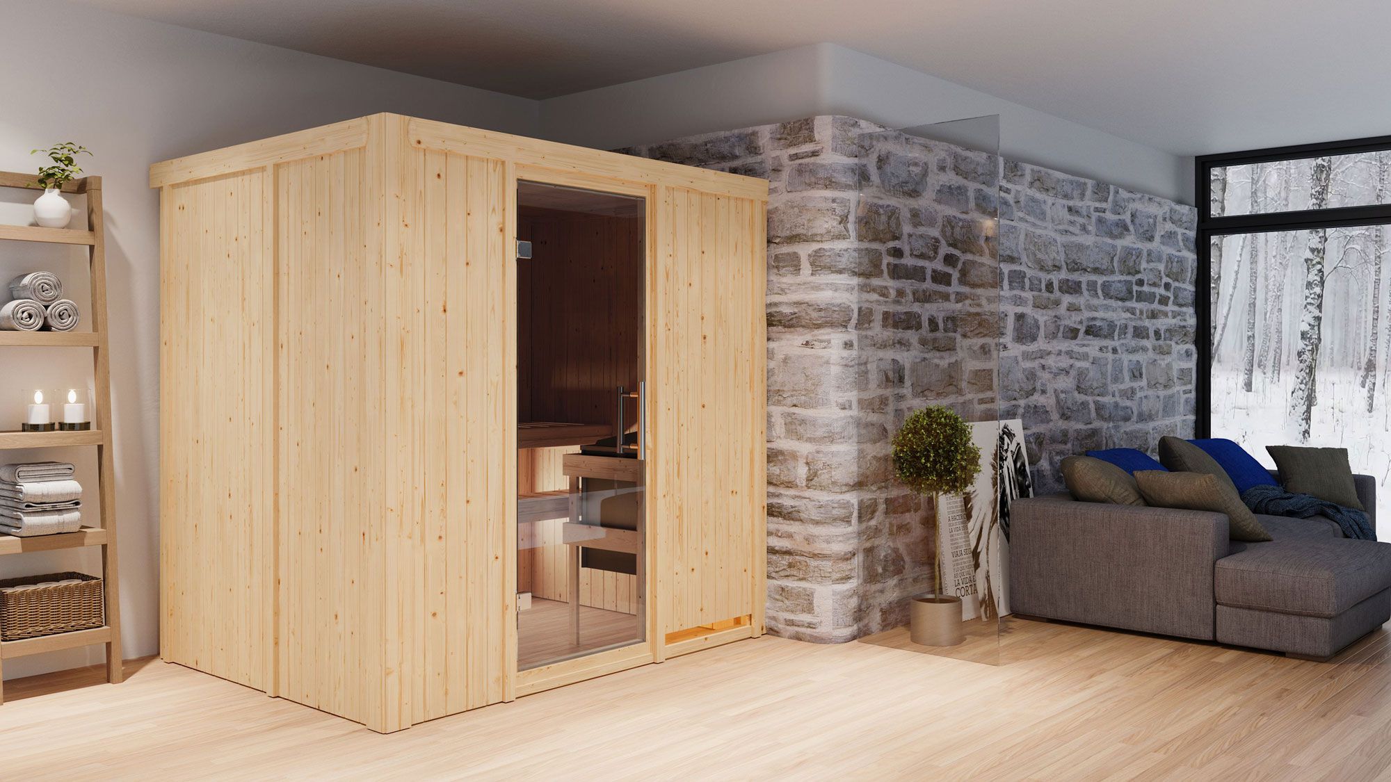 Sauna "Veli" SET met grafietkleurige deur - kleur: naturel, kachel externe regeling eenvoudig 9 kW - 196 x 151 x 198 cm (B x D x H)