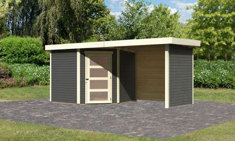 Berging / tuinhuis SET ACTION terra grijs met aanbouw dak 2,4 m breed, zij- en achterwand, grondoppervlakte: 5,76 m²