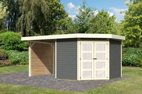 Berging / tuinhuis SET terra grijs met aanbouw dak 2,4 m breed, zij- en achterwand, grondoppervlakte: 5,76 m²