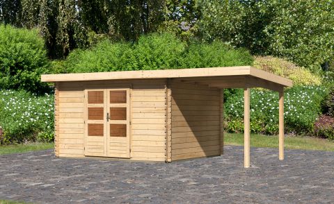 Berging / tuinhuis SET met lessenaarsdak incl. aanbouw dak, kleur: onbehandeld, grondoppervlakte: 9,52 m²