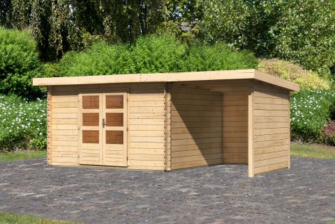Berging / tuinhuis SET met lessenaarsdak incl. aanbouw dak, zijwand & achterwand, kleur: onbehandeld hout, grondoppervlakte: 9,52 m²