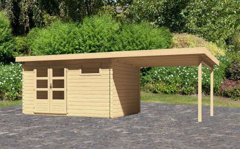 Berging / tuinhuis SET met lessenaarsdak incl. aanbouw dak, kleur: onbehandeld, grondoppervlakte: 10,36 m²