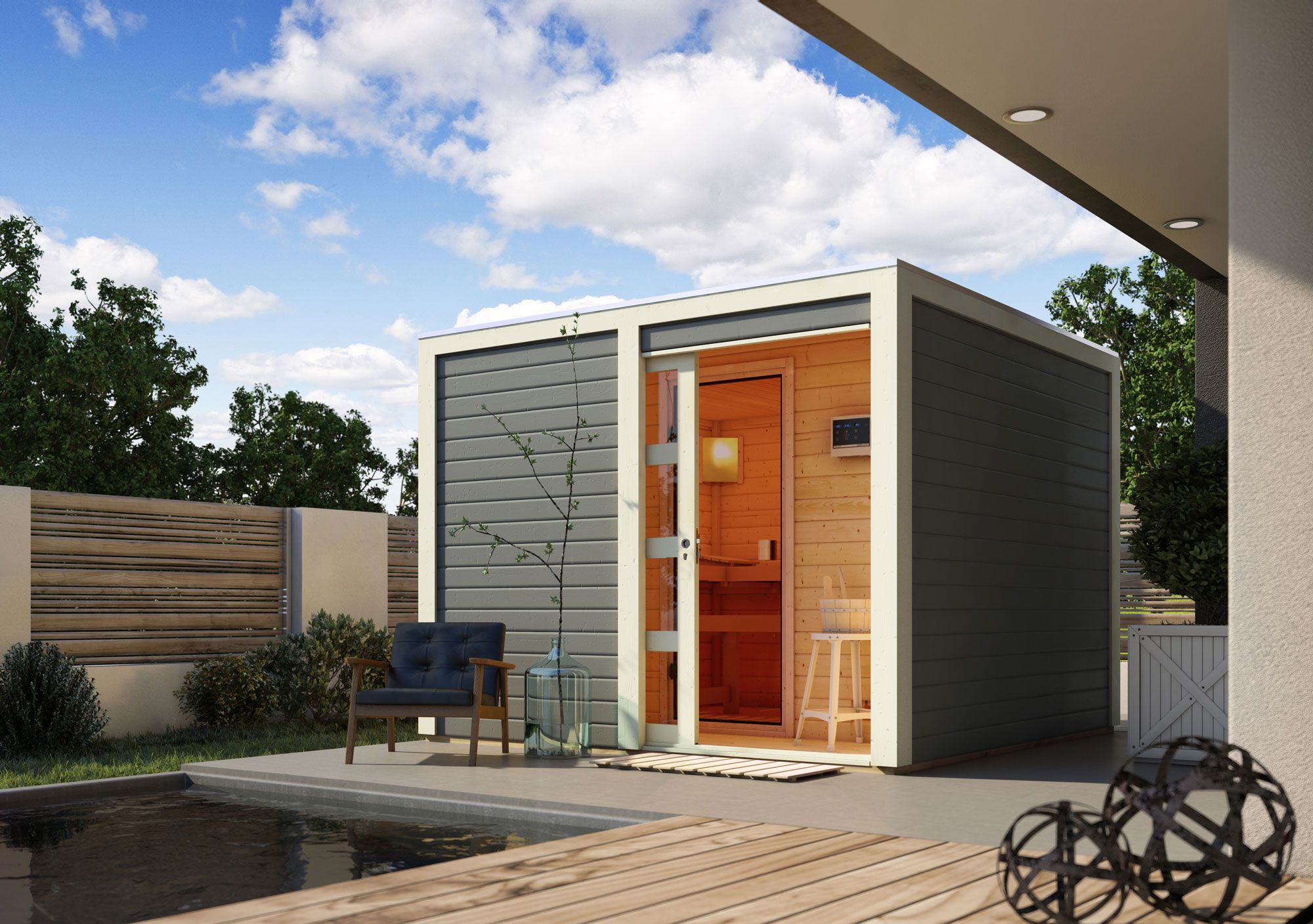 Saunahuis "Terning" SET, kleur: terra grijs, met kachel 9 kW - 276 x 276 cm (B x D), vloeroppervlak: 7,6 m².
